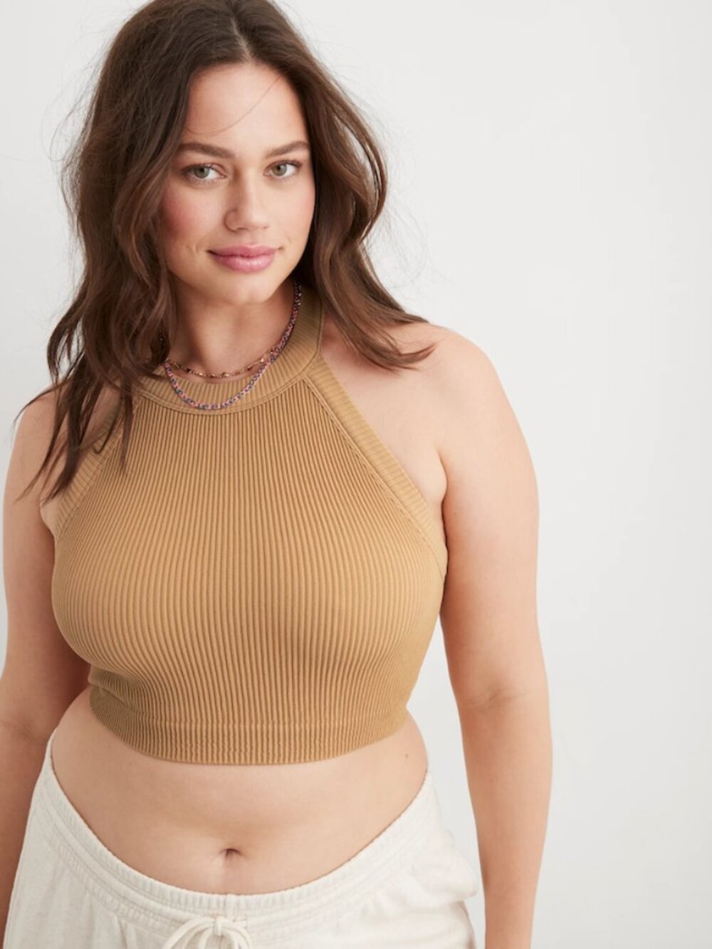 Aerie Superchill Seamless High Neck Bra Top Beach Dune Tan Medium NWT